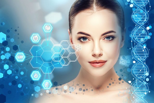 Woman smiling with digital images of benefits of skin rejuvenation